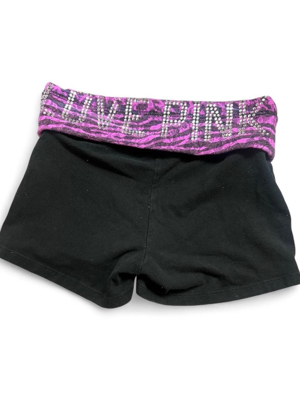 Victoria’s Secret PINK black yoga shorts purple zebra leopard print rhinestones